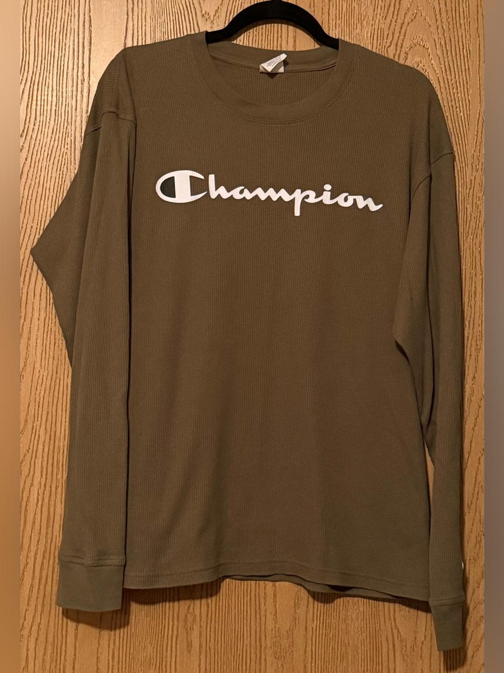 Champion Olive Long-Sleeve Logo Tee with White Script
